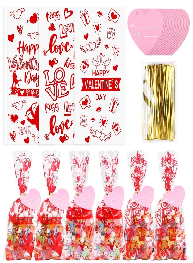 STEFORD 150Pcs Valentine Cellophane Bags, Valentine Day Cellophane Treat Bags, Valentine Gift Bags with 50Pcs Heart Tags, 180Pcs Twist Ties - Image 1
